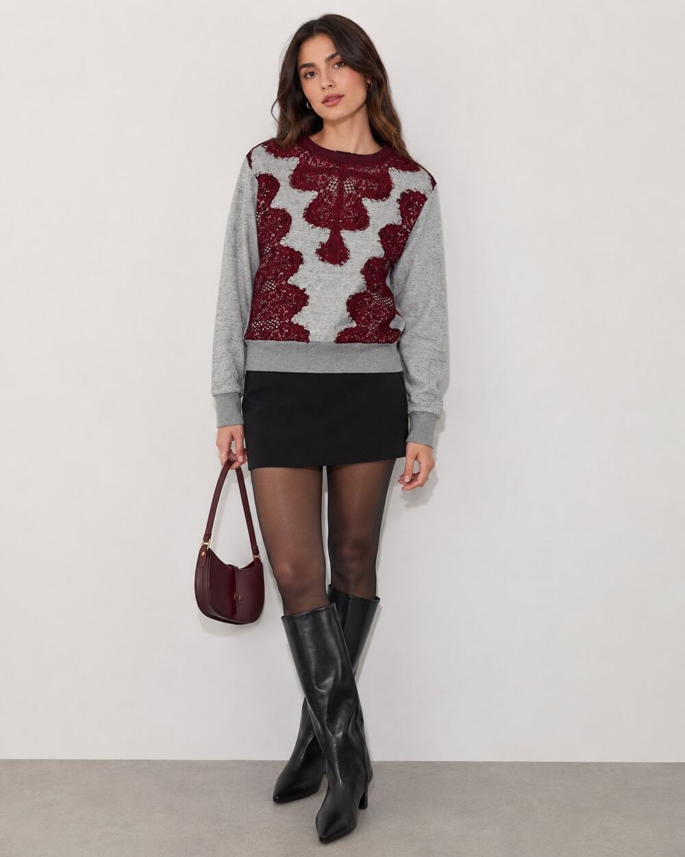 Sandro Paris Grey Red Lace Crew Neck Sweatshirt Womens S Preppy Casual Pullover